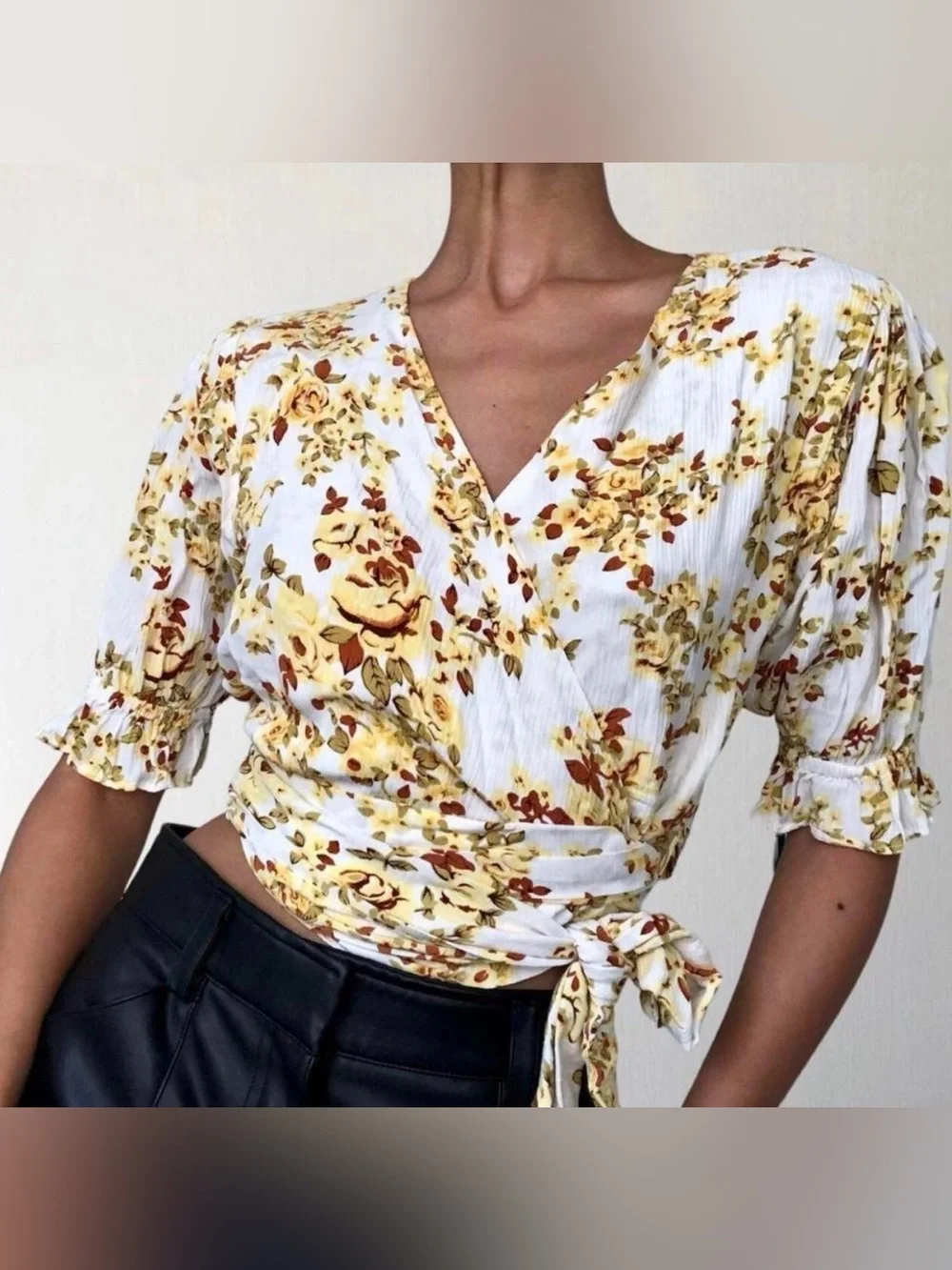 Faithfull the Brand Mali Wrap Top in Off White Goldie Floral Size XS